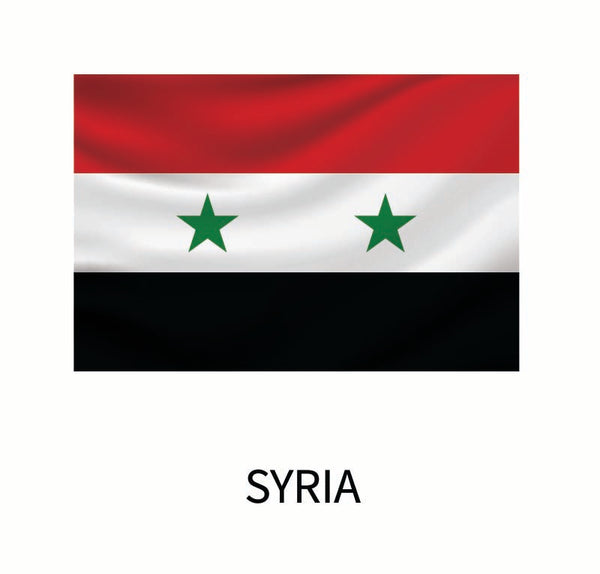 The national flag of Syria, featured on the Cover-Alls "Flags of the World Decals", displays horizontal stripes of red, white, and black with two green stars on the white stripe. Below is the label.