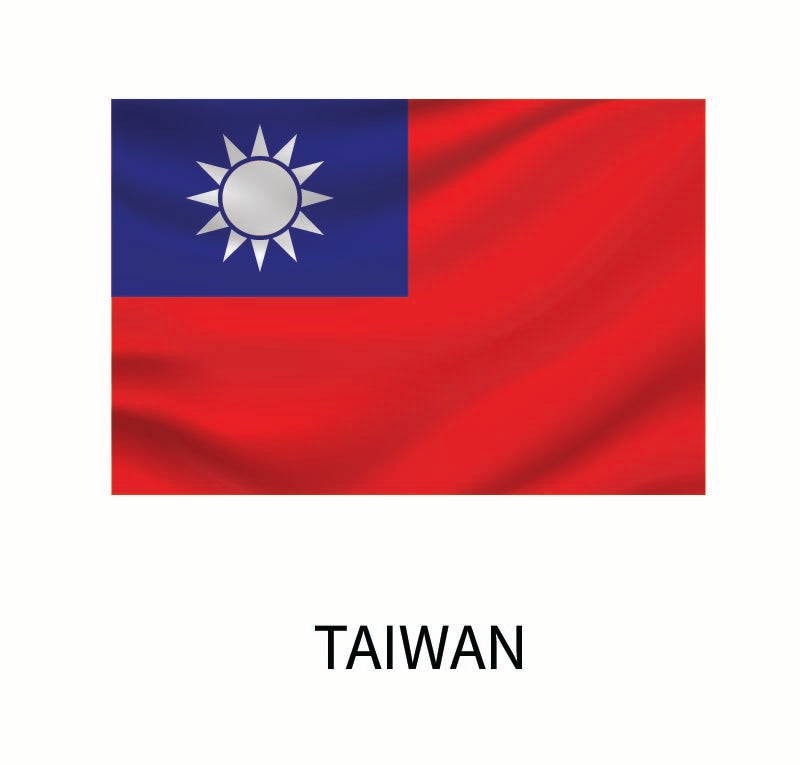 Flag of Taiwan with a blue canton featuring a white sun, and a red field. The word "Taiwan" is displayed below on a Cover-Alls Flags of the World Decals.