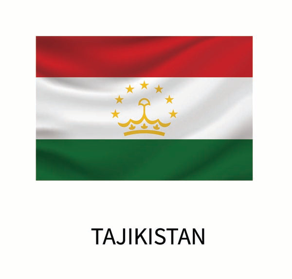 Flag of Tajikistan decal from Cover-Alls featuring three horizontal stripes in red, white, and green with a gold crown and seven stars in the center.
