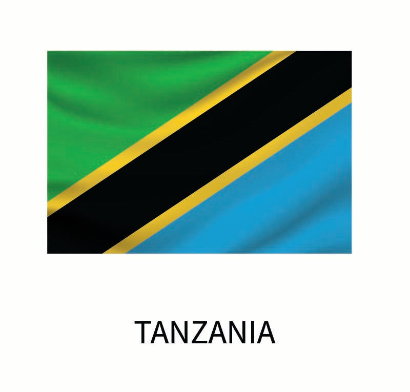 Flag of Tanzania: a diagonal green and blue sections divided by a black band edged in yellow, featuring the label "Tanzania" below in a Cover-Alls Flags of the World Decals.