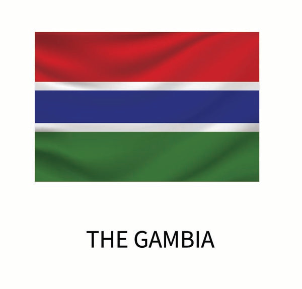 Flag of the Gambia featuring horizontal bands of red, blue, and green with the country's name below, available as a Cover-Alls decal.