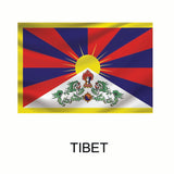 Flag of Tibet featuring a radiant sun, snow lions, and mountain emblems against a colorful background, with 