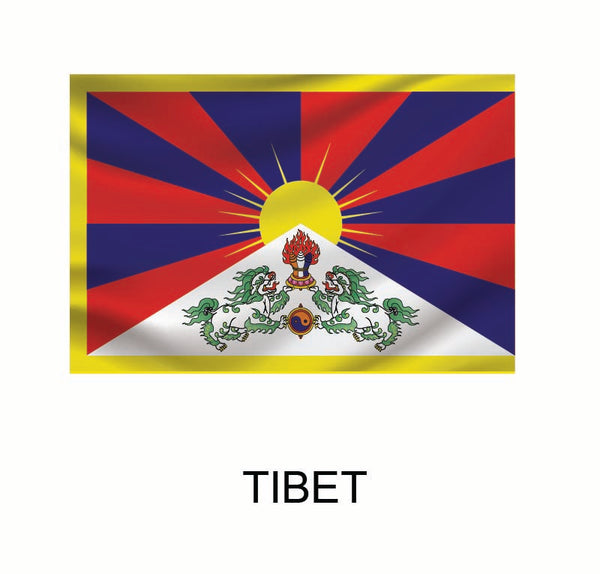 Flag of Tibet featuring a radiant sun, snow lions, and mountain emblems against a colorful background, with "Tibet" text below as part of our Cover-Alls Flags of the World Decals collection.