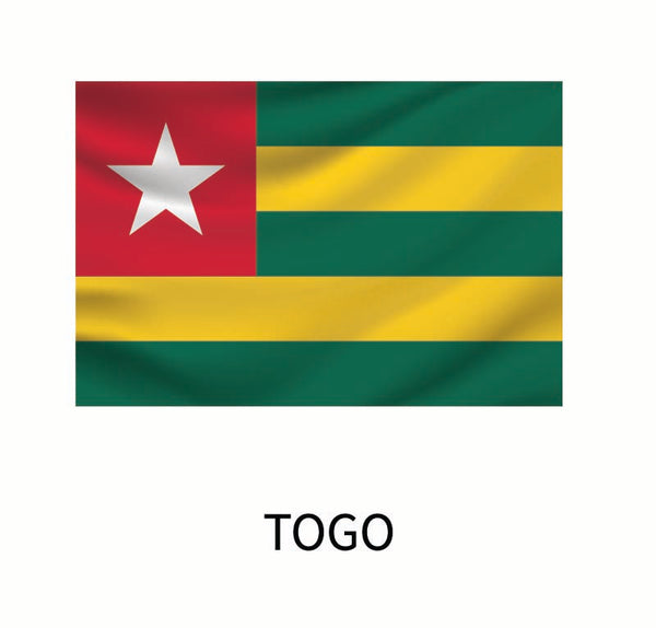 Flag of Togo featuring three horizontal stripes in green and yellow with a red square and white star in the upper left corner, labeled "Togo" below from our Cover-Alls decals collection.
