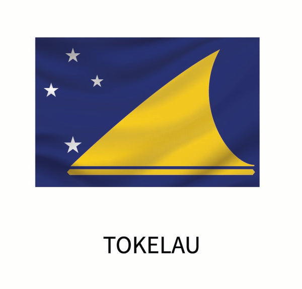 Flag of Tokelau featuring a yellow traditional canoe sail and Southern Cross constellation on a blue field, with the word "Tokelau" below and available as a Cover-Alls Flags of the World Decal.