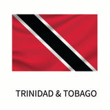 Flag of Trinidad and Tobago featuring a red background with a black diagonal stripe bordered by white. The country's name is displayed below on a Cover-Alls Flags of the World Decals.