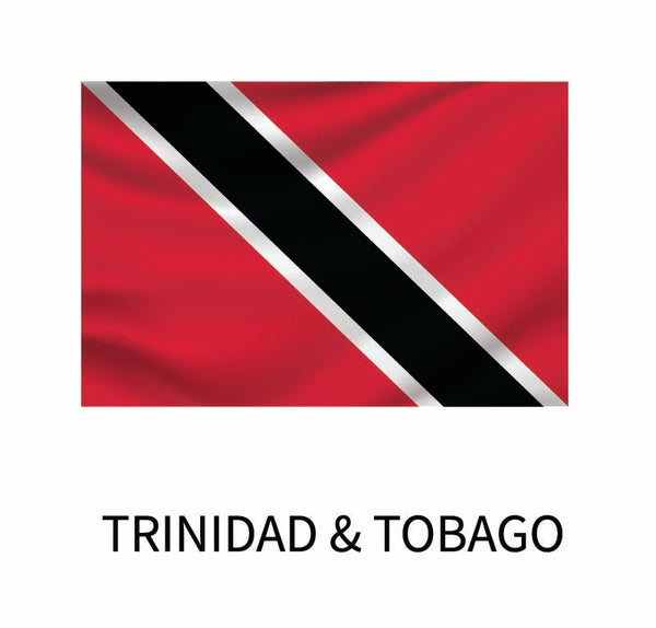 Flag of Trinidad and Tobago featuring a red background with a black diagonal stripe bordered by white. The country's name is displayed below on a Cover-Alls Flags of the World Decals.