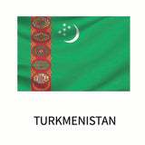 Flag of Turkmenistan featuring a green field with a white crescent moon and five stars beside a vertical red stripe with carpet guls, customizable as a Cover-Alls Flags of the World Decal.