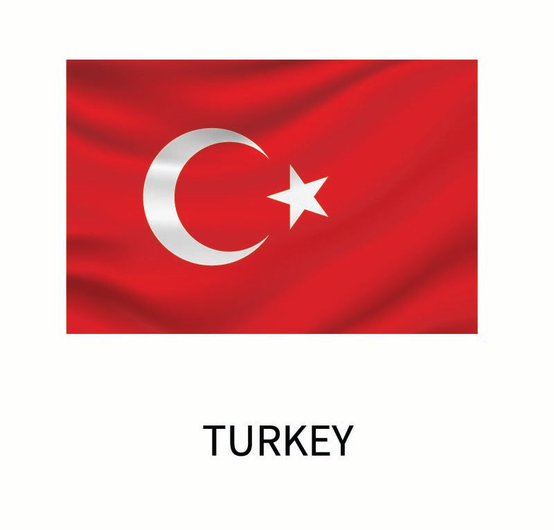 A red flag featuring a white crescent moon and star, labeled "Turkey" below the flag, from our Cover-Alls Flags of the World Decals collection.
