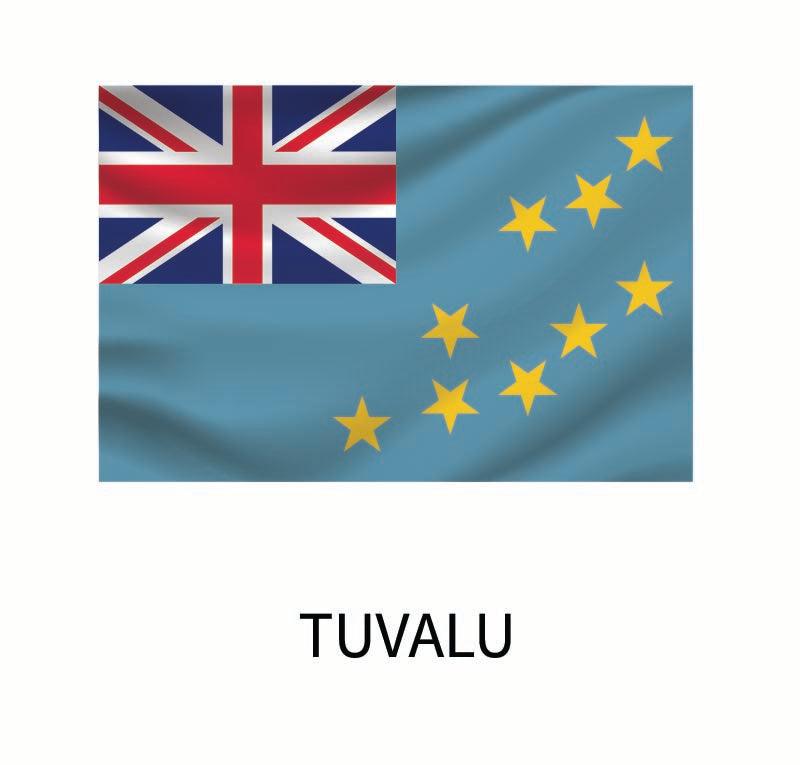 Flag of Tuvalu with the union jack in the upper left corner and nine yellow stars on a light blue field, accompanied by the word "Tuvalu" below, available as a custom size Flags of the World Decal by Cover-Alls.