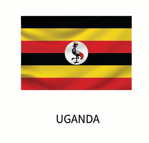 Flag of Uganda with horizontal stripes of black, yellow, and red, and a central white circle featuring a grey crowned crane, above the word "Uganda" on a Cover-Alls Flags of the World Decal.