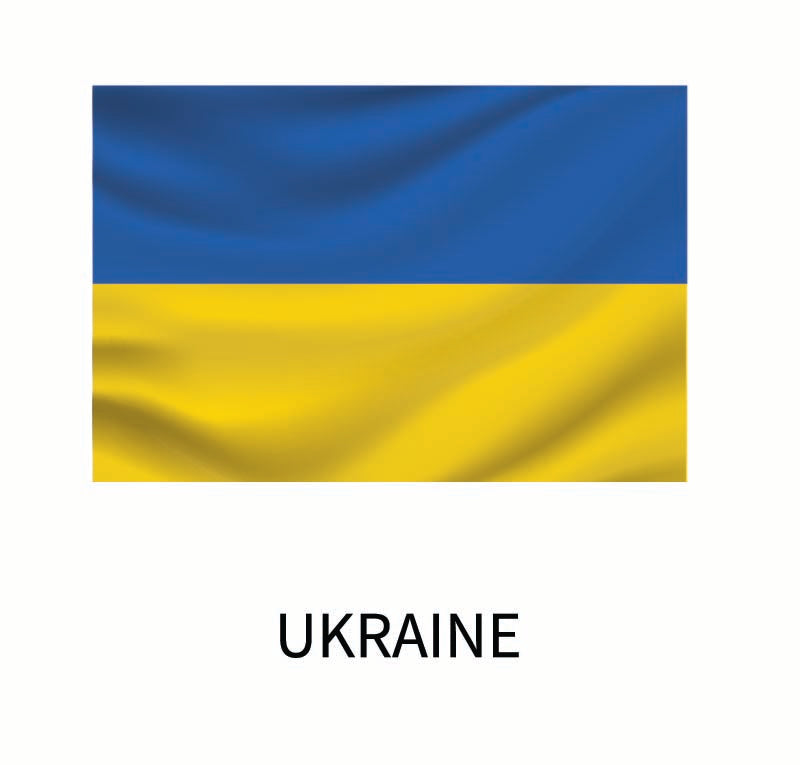 Flag of Ukraine featuring two horizontal bands of blue and yellow with the word "Ukraine" written below, available as a Cover-Alls Flags of the World Decals.