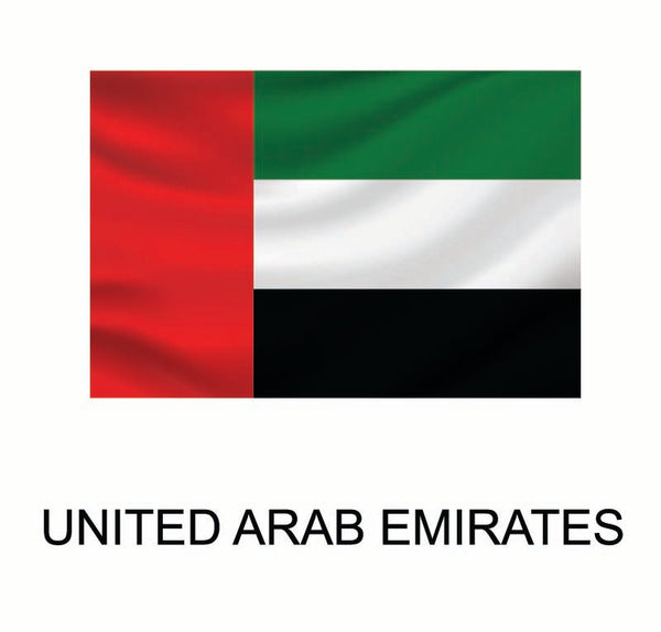 Flag of the United Arab Emirates with horizontal bands of green, white, black, and a vertical red band on the left, labeled "United Arab Emirates" below as a Cover-Alls Flags of the World Decals.
