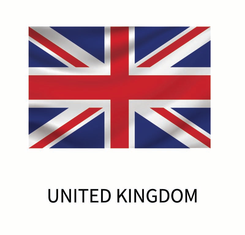A Flags of the World Decals featuring the union jack in red, white, and blue colors, displayed with the label "united kingdom" underneath as a custom size decal by Cover-Alls.