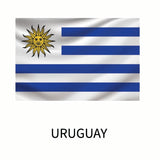 Flag of Uruguay featuring horizontal blue and white stripes with a yellow sun in the upper left corner, labeled 