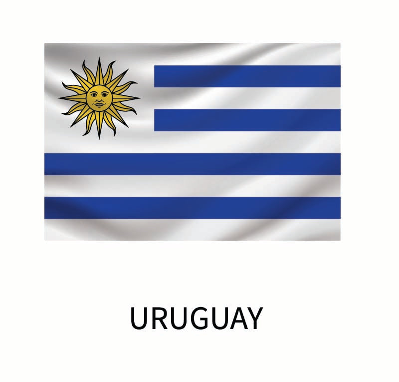 Flag of Uruguay featuring horizontal blue and white stripes with a yellow sun in the upper left corner, labeled "Uruguay" underneath. This is part of our Cover-Alls decals collection.