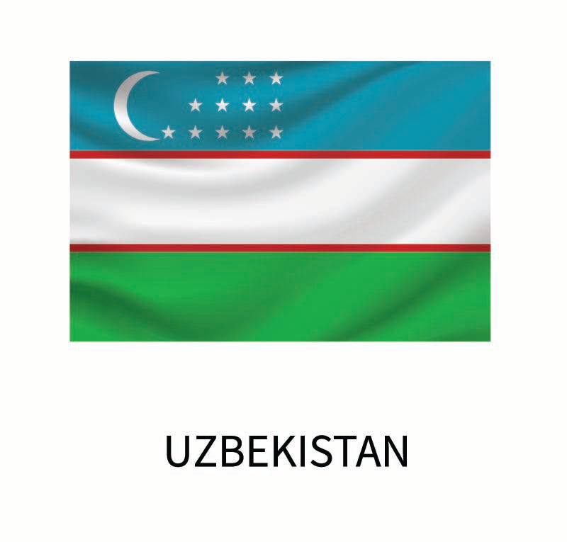 Flag of Uzbekistan featuring horizontal stripes of blue, white, and green with a crescent moon and twelve stars on the blue stripe, and the name "Uzbekistan" below, offered as a Cover-Alls Flags of the World Decal.