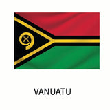 Flag of Vanuatu with a black triangle, yellow tusk, and crossed fern fronds emblem, striped in red and green, above the name 