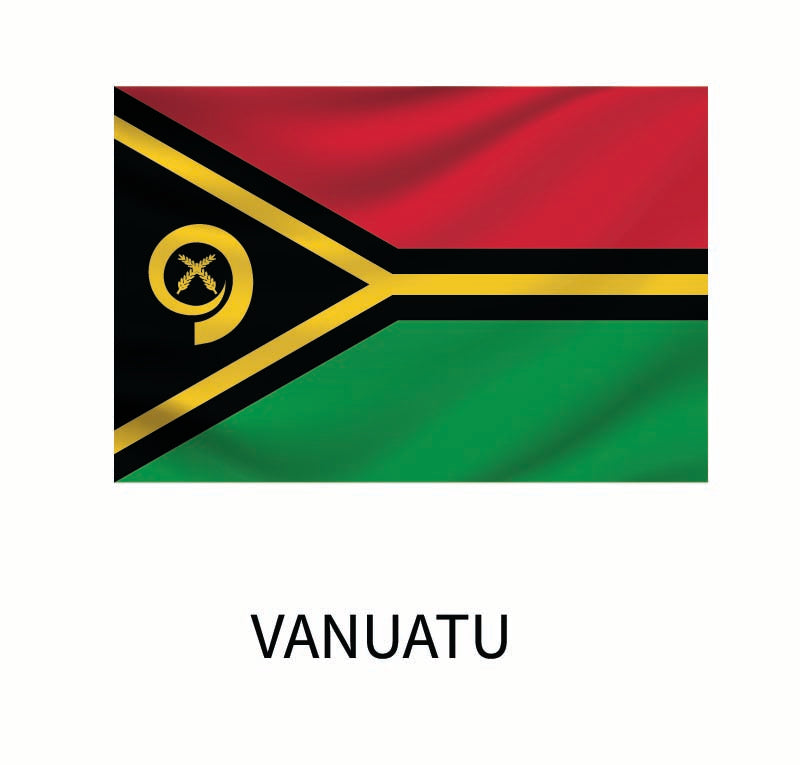 Flag of Vanuatu with a black triangle, yellow tusk, and crossed fern fronds emblem, striped in red and green, above the name "Vanuatu" on a Cover-Alls Flags of the World Decals.