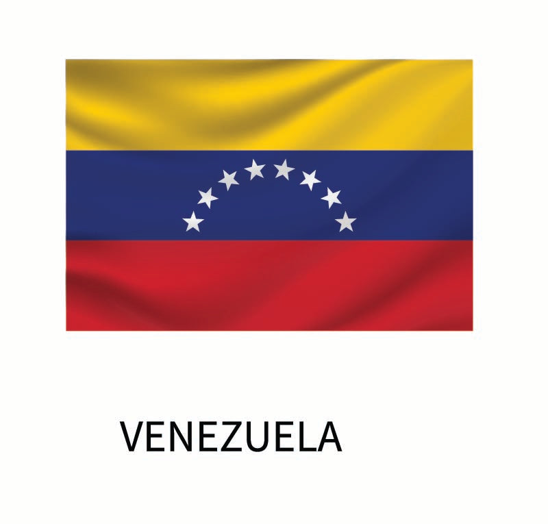 Flags of the World Decals by Cover-Alls depicted with horizontal bands of yellow, blue, and red, featuring an arc of eight white stars in the center, and the word "Venezuela" beneath it as a custom size