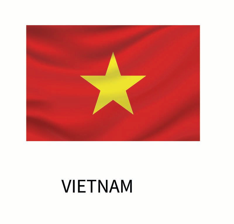 Flag of Vietnam featuring a large yellow star centered on a red background, with the word "Vietnam" below it, available as a Cover-Alls Flags of the World Decal in custom size.