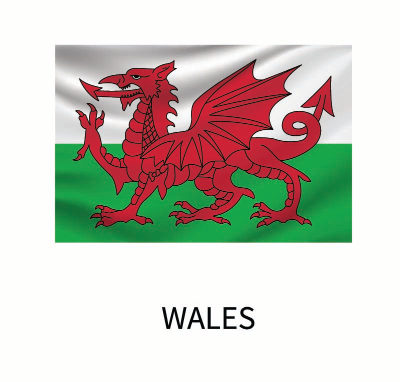 Flags of the World Decals featuring a red dragon passant on a green and white field, with the word "Wales" below, available as a custom size decal from Cover-Alls.