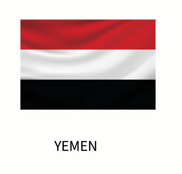 A "Cover-Alls Flags of the World Decal" depicting Yemen's flag, consisting of horizontal stripes in red, white, and black, with the word "Yemen" beneath it.