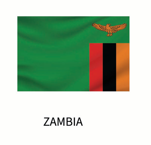 Flag of Zambia featuring a green background with a red, black, and orange vertical stripe on the right side, and an eagle flying above. This design is available as a "Cover-Alls Flags of the World Decals.
