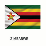 The national flag of Zimbabwe, featuring horizontal stripes in green, gold, red, and black with a white triangle emblazoned with a red star and a golden bird, is available as a Cover-Alls Flags of the World Decals.