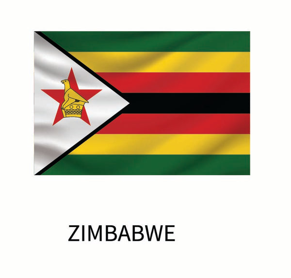 The national flag of Zimbabwe, featuring horizontal stripes in green, gold, red, and black with a white triangle emblazoned with a red star and a golden bird, is available as a Cover-Alls Flags of the World Decals.
