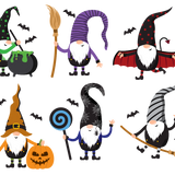 Illustration of six Cover-Alls Halloween Gnomes in festive costumes, including a witch, wizard, vampire, pumpkin, and two carrying a broom and a lollipop, with flying bats in the background—a perfect addition to your holiday decor.