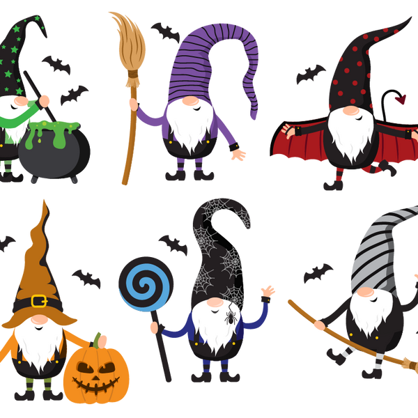 Illustration of six Cover-Alls Halloween Gnomes in festive costumes, including a witch, wizard, vampire, pumpkin, and two carrying a broom and a lollipop, with flying bats in the background—a perfect addition to your holiday decor.