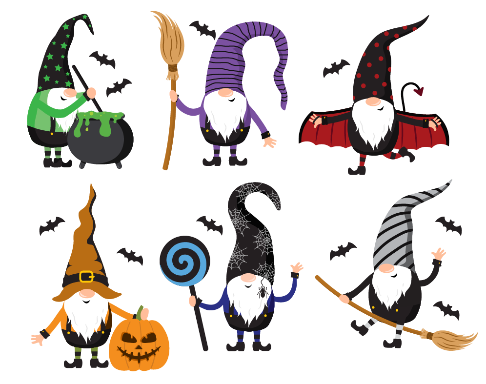 Illustration of six Cover-Alls Halloween Gnomes in festive costumes, including a witch, wizard, vampire, pumpkin, and two carrying a broom and a lollipop, with flying bats in the background—a perfect addition to your holiday decor.