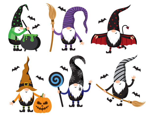 Illustration of six Cover-Alls Halloween Gnomes in festive costumes, including a witch, wizard, vampire, pumpkin, and two carrying a broom and a lollipop, with flying bats in the background—a perfect addition to your holiday decor.