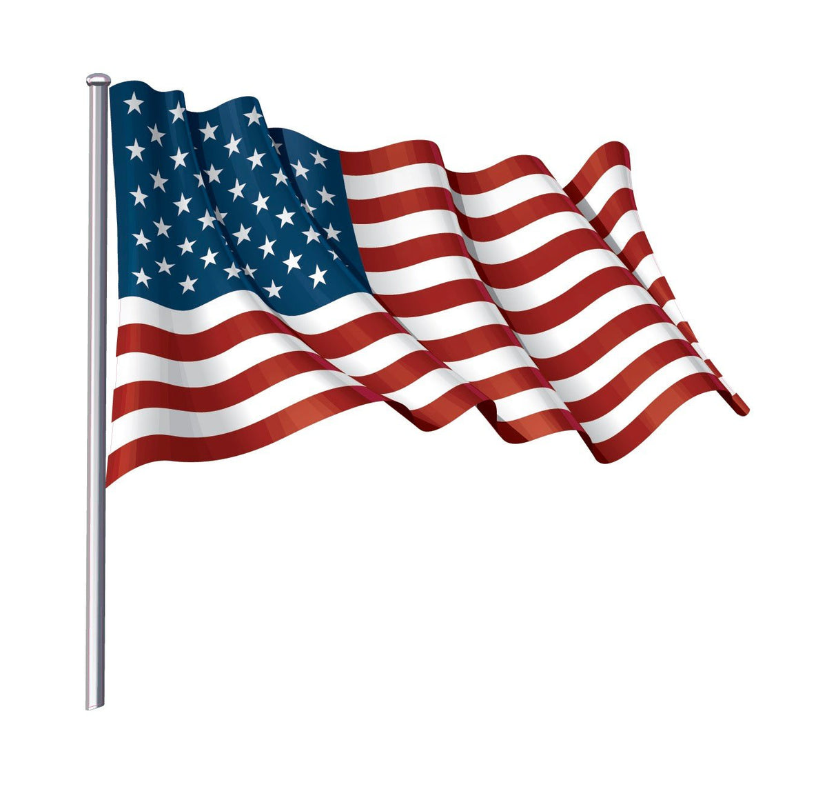 American Flag Decal waving on a flagpole, featuring the traditional design with stars and stripes in red, white, and blue colors for Flag Day by Cover-Alls.