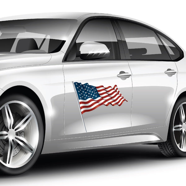 White car with a Cover-Alls American Flag Decal on the door, detailed illustration showing reflective windows and alloy wheels.