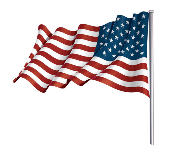 The image shows a waving Cover-Alls American Flag Decal on a flagpole, celebrating Flag Day with the traditional stars and stripes in red, white, and blue.