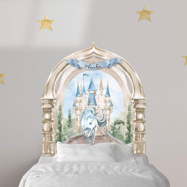 A bedroom with a CoverAlls Enchanted Castle with Unicorn Wall Decal and stars, perfect for the mini-unicorn fanatic.