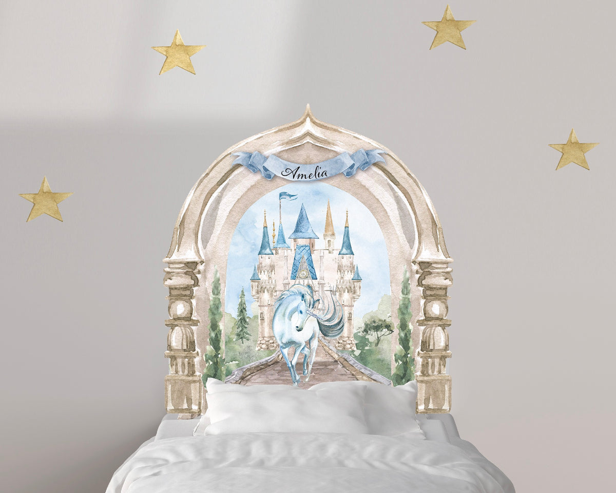 A bedroom with a CoverAlls Enchanted Castle with Unicorn Wall Decal and stars, perfect for the mini-unicorn fanatic.