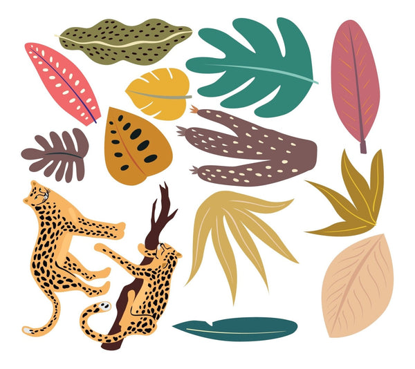 Illustration of the Boho Leopard Collection by Cover-Alls, featuring two leopards surrounded by a variety of colorful tropical leaves and fruit, presented in a flat, graphic style with simplified leaves.