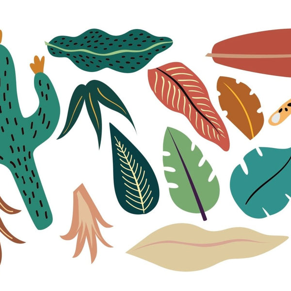 Colorful illustration from the Boho Leopard Collection by Cover-Alls featuring various elements including a cactus, leopard, and simplified leaves on a white background.