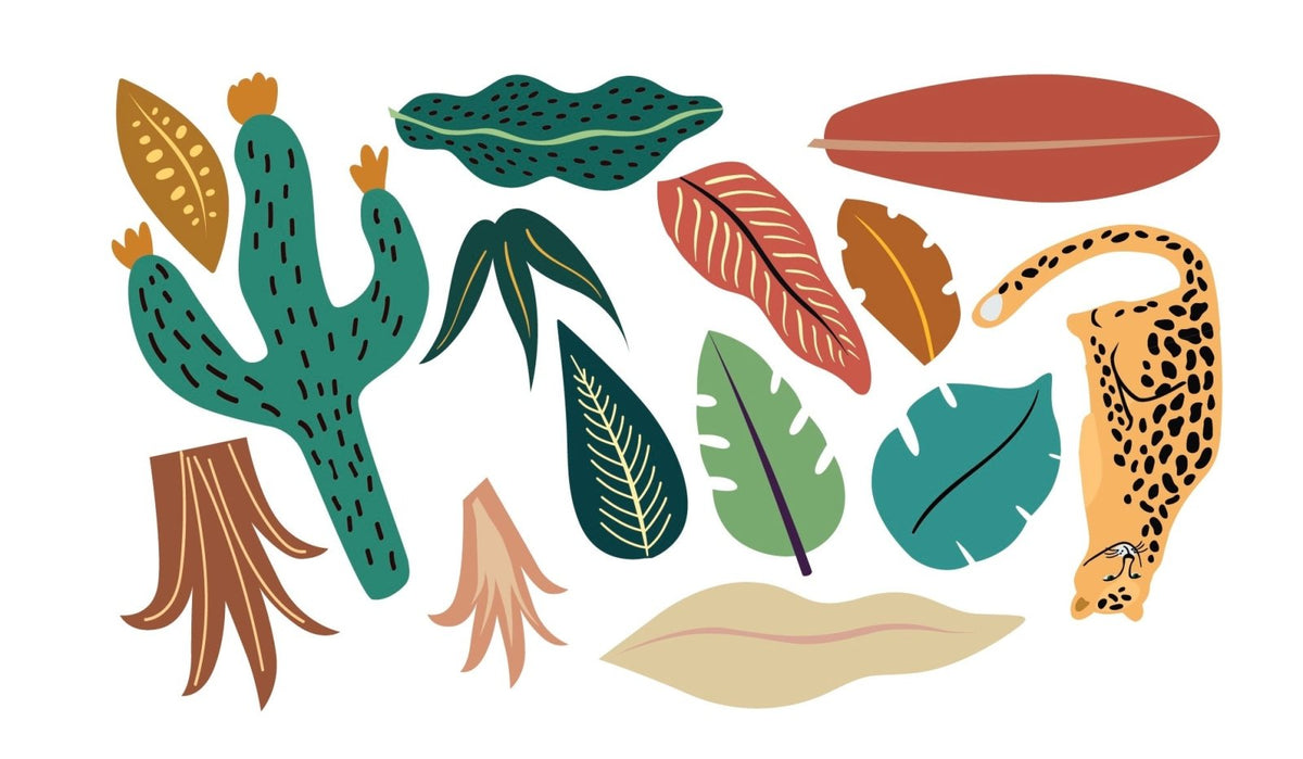 Colorful illustration from the Boho Leopard Collection by Cover-Alls featuring various elements including a cactus, leopard, and simplified leaves on a white background.