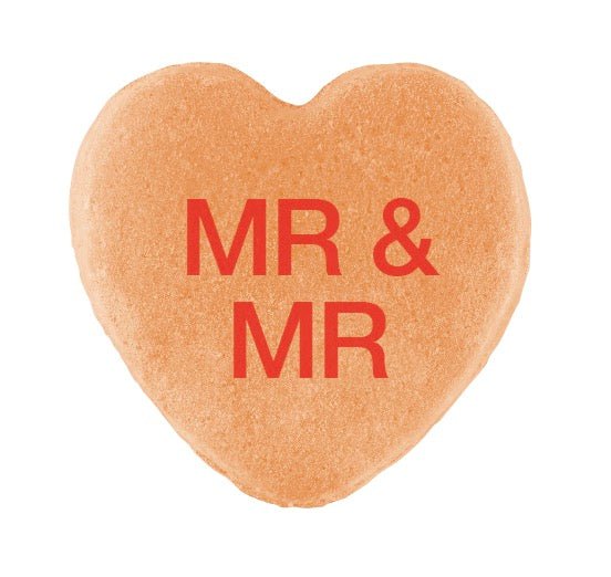 Orange heart-shaped Candy Hearts with "mr & mr" text in red, perfect for a CUSTOM design.