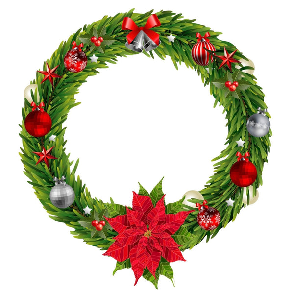 Circular Cover-Alls Christmas wreath decal decorated with red poinsettias, green leaves, red and silver ornaments, and a silver bell with red ribbons on a white background.