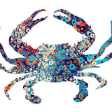 Illustration of a sophisticated blue crab formed by numerous overlapping circles and dots in various shades, including blue, red, white, and orange, against a white background. Perfect for adding Cover-Alls' Abstract Blue Crab Wall Art to your space.