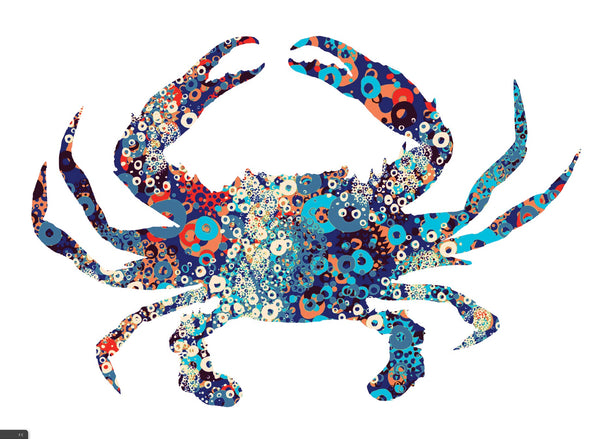 Illustration of a sophisticated blue crab formed by numerous overlapping circles and dots in various shades, including blue, red, white, and orange, against a white background. Perfect for adding Cover-Alls' Abstract Blue Crab Wall Art to your space.