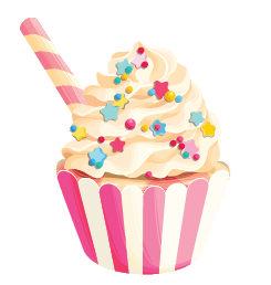 Illustration of a vibrant Cover-Alls Cupcake Decals with pink and white striped paper, topped with whipped cream, colorful sprinkles, and a wafer stick.