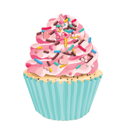 Illustration of a vibrant Cupcake Decals with pink frosting and colorful sprinkles in a blue wrapper.