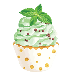 Illustration of a vibrant Cover-Alls cupcake decal topped with whipped cream, red berries, and a sprig of mint leaves in a white liner with golden dots.