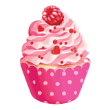 Illustration of a vibrant cupcake with a raspberry on top, decorated with small hearts and beads, in a polka dot cup adorned with Cover-Alls Cupcake Decals.